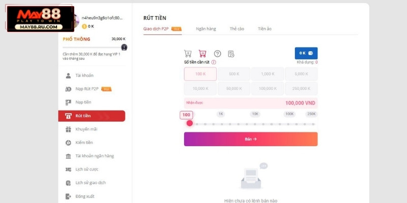 Rút tiền May88 qua Giao dịch P2P (bán K-Coin)
